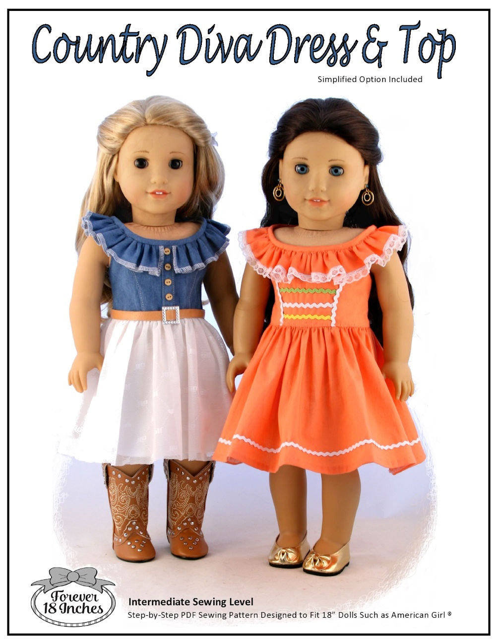 Country Diva Dress & Top 18 Inch Doll Clothes Pattern Fits Dolls