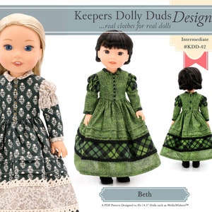 May include: A PDF sewing pattern for a green dress with a plaid trim, designed for 14.5 inch dolls. The pattern is called "Beth" and is part of the Keepers Dolly Duds Designs collection. The pattern is labeled as intermediate difficulty and has the number #KDD-42.
