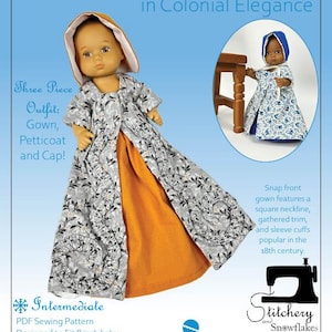 Peut inclure: Un patron de couture pour une tenue de poupée bébé en trois pièces de style colonial. La tenue comprend une robe, un jupon et un bonnet. Le patron est conçu pour les poupées de 20 cm. L'image montre une poupée portant la tenue, et le texte "Dressing Baby in Colonial Elegance" est en haut de l'image.