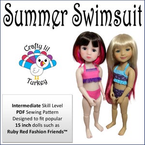 May include: PDF sewing pattern for a swimsuit designed for 15 inch dolls. The pattern is for an intermediate skill level and is designed to fit popular dolls such as Ruby Red Fashion Friends. The image shows two dolls wearing the swimsuit in pink and blue.