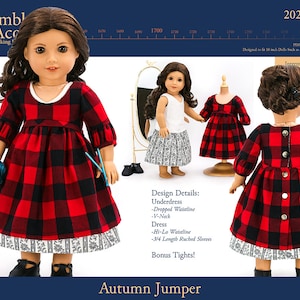 May include: A red and black plaid dress with a dropped waistline and 3/4 length ruched sleeves. The dress is designed for 18 inch dolls. The text "Autumn Jumper" is at the bottom of the image.
