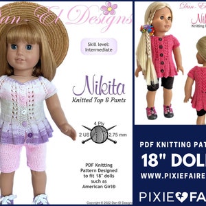 May include: PDF knitting pattern for 18 inch dolls, featuring a knitted top and pants in pink and purple with a white background. The pattern is called "Nikita" and is designed for intermediate knitters. The pattern is available on Pixie Faire.