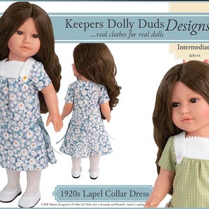 May include: A sewing pattern for a 1920s style dress with a lapel collar. The pattern is for an 18-inch doll and is labeled "Intermediate" and "KDD-51".