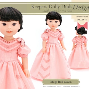 May include: A pink ball gown sewing pattern for 14.5 inch dolls. The pattern is called "Megs Ball Gown" and is labeled as intermediate difficulty. The pattern is designed for dolls such as Wellie Wishers.
