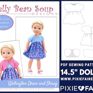 May include: PDF sewing pattern for a 14.5 inch doll dress and shrug. The pattern includes a blue and white floral dress and a pink shrug. The pattern is for dolls such as WellieWishers. The pattern is from Jelly Bean Soup Designs.