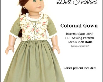 Colonial Gown 18 inch Doll Clothes Pattern Fits Popular 18" Dolls - Heritage Doll Fashions - PDF - Pixie Faire