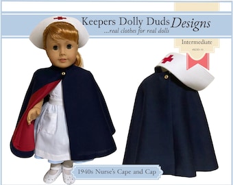 1940s Nurse's Cape and Cap 18 inch Doll Clothes Pattern Designed to Fit Popular 18" Dolls - Keepers Dolly Duds - PDF - Pixie Faire