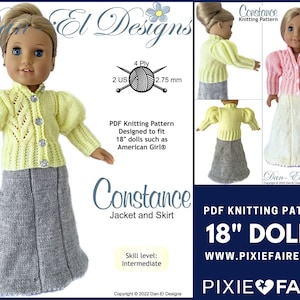 May include: PDF knitting pattern for 18 inch dolls, featuring a yellow cardigan and grey skirt with a puff sleeve design. The pattern is called "Constance" and is designed to fit dolls such as American Girl. The pattern is available on the website www.pixiefaire.com.
