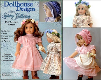 1850s Spring Gathering 18 inch Doll Clothes Pattern Fits Dolls such as American Girl® - Dollhouse Designs - PDF - Pixie Faire