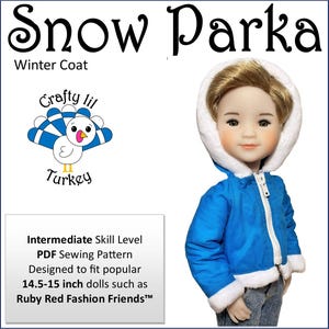 May include: A PDF sewing pattern for a blue snow parka with a white fur trim, designed for 14.5-15 inch dolls. The pattern is titled "Snow Parka" and "Winter Coat" and features a cartoon turkey logo with the text "Crafty lil Turkey". The pattern is for an intermediate skill level.