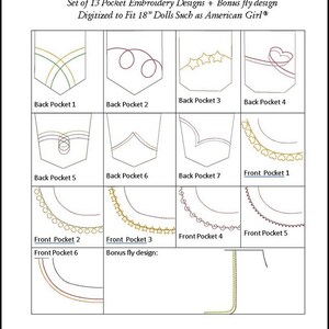 Può includere: Un set di 13 disegni di ricamo a macchina per tasche di bambole, con vari disegni come stelle, cuori e spirali. I disegni sono digitalizzati per adattarsi a bambole di 46 cm e sono progettati per cerchi da ricamo di 10 cm per 10 cm. I disegni sono etichettati come "Back Pocket 1" a "Back Pocket 7" e "Front Pocket 1" a "Front Pocket 6". C'è anche un disegno bonus per la patta.