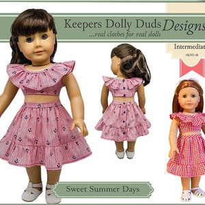 May include: Two dolls wearing red and white gingham and red and white striped outfits with blue anchors. The dolls are wearing matching crop tops and skirts. The text "Keepers Dolly Duds Designs...real clothes for real dolls" and "Sweet Summer Days" are visible in the image. The text "Intermediate #KDD-48" is also visible.