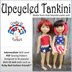 May include: PDF sewing pattern for a tankini swimsuit for 14.5-15 inch dolls. The pattern is designed to be made from recycled materials. The image shows two dolls wearing the tankini in red, white, and blue.