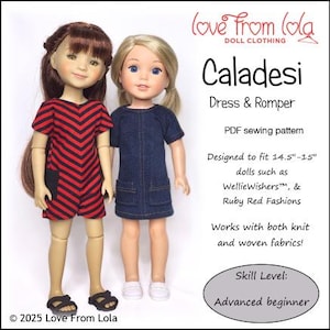 May include: Two dolls wearing handmade doll clothes. One doll is in a red and black chevron romper, the other in a denim dress. The text reads "Caladesi Dress & Romper" and "Designed to fit 14.5"-15" dolls".