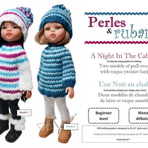 Puede incluir: Dos patrones de tejido para hacer suéteres y gorros para muñecas. Los patrones se titulan "A Night In The Cabin" y "Une Nuit au chalet". Los patrones son para principiantes y están diseñados para muñecas de 33 cm.