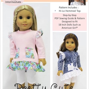Peut inclure: Un patron de couture pour une robe de poupée avec un haut à ourlet haut-bas. Le patron est conçu pour s'adapter aux poupées de 45,7 cm telles que les poupées American Girl. Le patron comprend un guide de couture PDF étape par étape et un patron. L'image montre deux poupées portant la robe dans différentes couleurs et motifs. Le texte "Pretty Cute" est écrit dans une police décorative en bas de l'image.