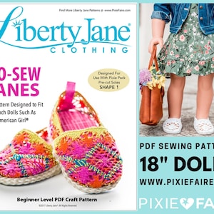 May include: A PDF sewing pattern for 18-inch dolls, featuring a pair of colourful crocheted shoes and a doll wearing a green floral dress and denim jacket. The pattern is titled "No-Sew Janes" and is designed for use with Pixie Pack pre-cut soles. The pattern is available at www.pixiefaire.com.
