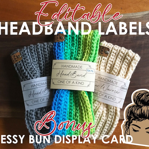 Editable Handmade Crochet Tags Personalize Your Creation Rustic Farmhouse Wrap Printable MessyBun Headband Display Market Headband Packaging