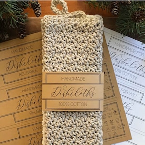 Etichette per strofinacci stampabili, etichette per strofinacci, confezioni per articoli fatti a mano, preparazione del mercato, etichette regalo all'uncinetto, fascia rustica da fattoria, fascia addominale fai da te