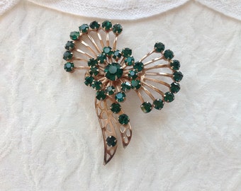 Emerald Bow Brooch, Vintage, Gold Tone