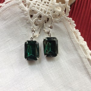 Emerald Rhinestone Earrings, Czech, Stainless Steel Wires with Clear Rhinestones, Cocktail image 2