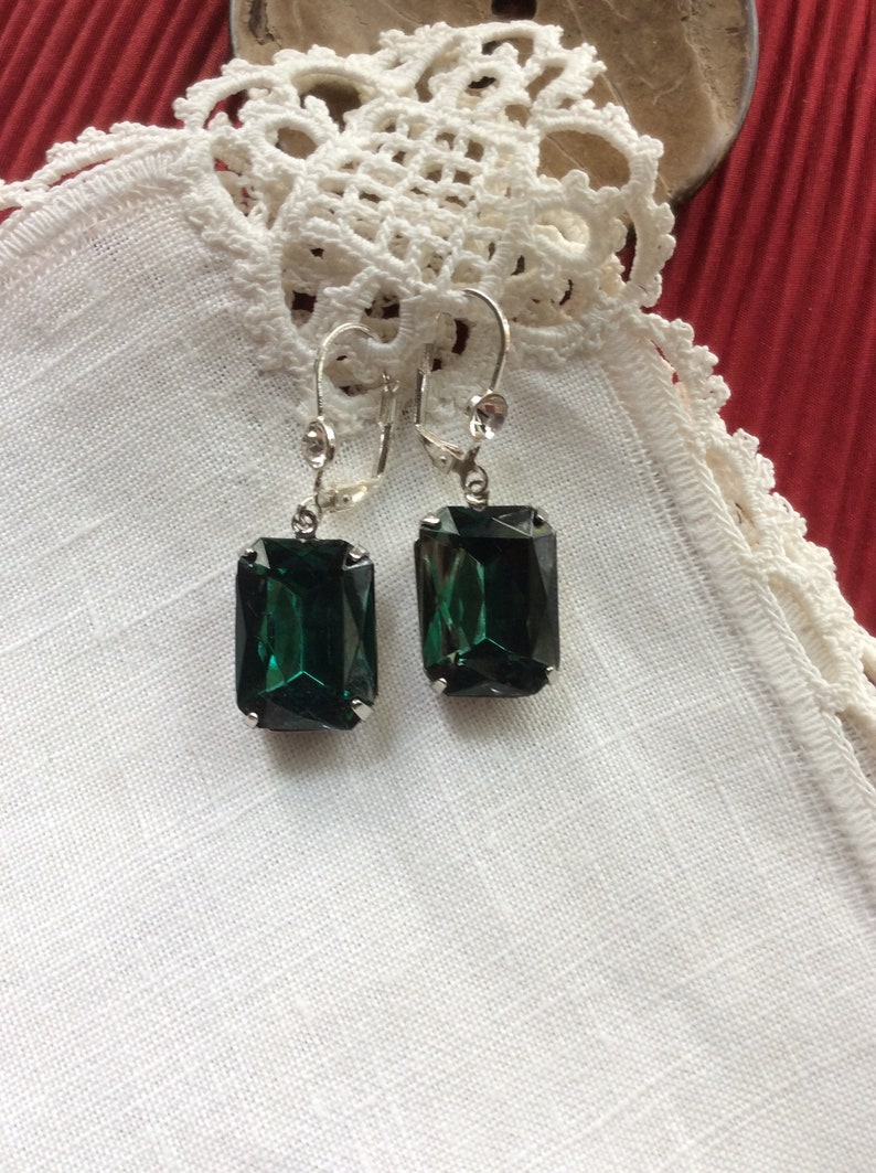 Emerald Rhinestone Earrings, Czech, Stainless Steel Wires with Clear Rhinestones, Cocktail image 2