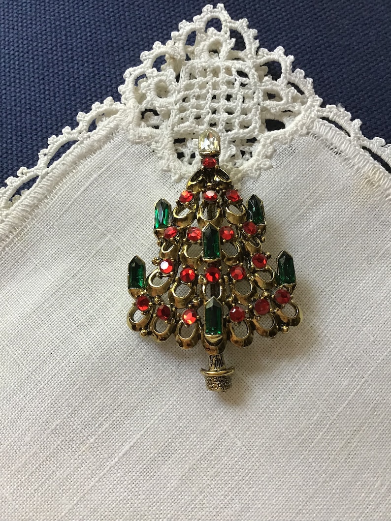 Book Piece Gold Tone Hollycraft Christmas Tree Pin Brooch Fruit Salad