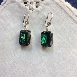 Emerald Rhinestone Earrings, Czech, Stainless Steel Wires with Clear Rhinestones, Cocktail image 1