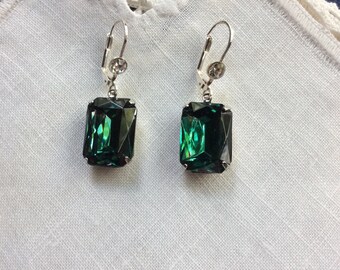 Emerald Rhinestone Earrings, Czech, Stainless Steel Wires with Clear Rhinestones, Cocktail