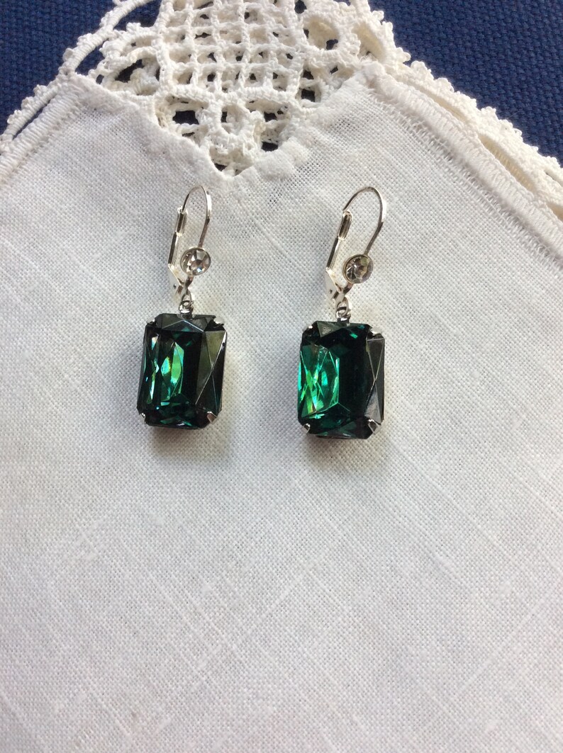 Emerald Rhinestone Earrings, Czech, Stainless Steel Wires with Clear Rhinestones, Cocktail image 1
