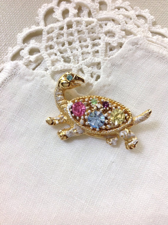 Turtle Pin Brooch, Pastel Rhinestones, Figural