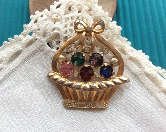 Antiqued Gold Easter Basket with Rhinestone Figural Brooch Pin