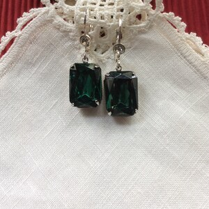 Emerald Rhinestone Earrings, Czech, Stainless Steel Wires with Clear Rhinestones, Cocktail image 4