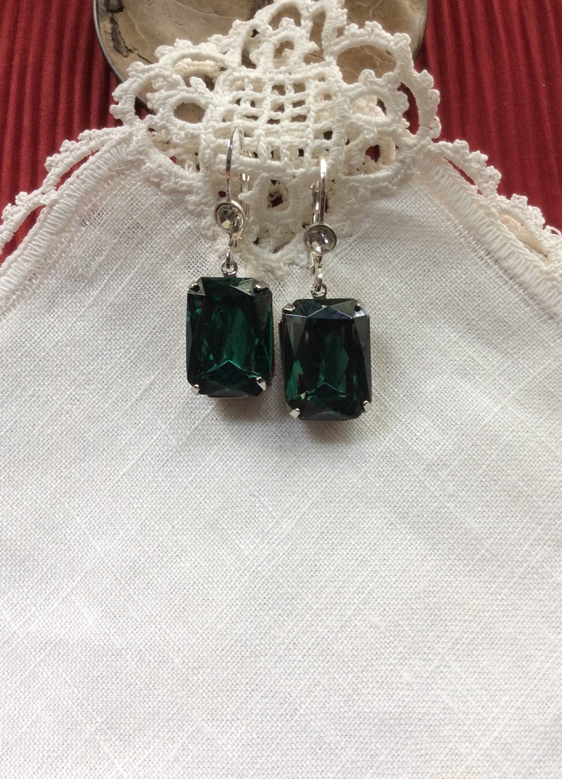 Emerald Rhinestone Earrings, Czech, Stainless Steel Wires with Clear Rhinestones, Cocktail image 4