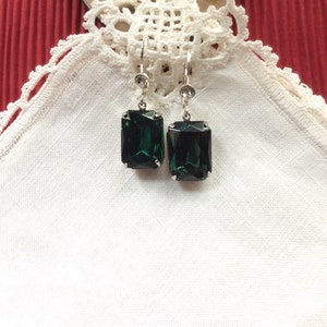 Emerald Rhinestone Earrings, Czech, Stainless Steel Wires with Clear Rhinestones, Cocktail image 3