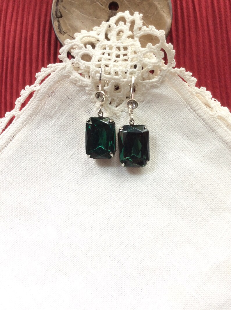 Emerald Rhinestone Earrings, Czech, Stainless Steel Wires with Clear Rhinestones, Cocktail image 3