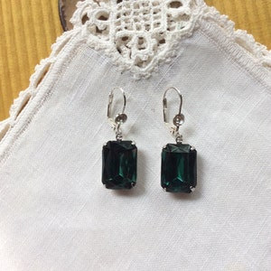 Emerald Rhinestone Earrings, Czech, Stainless Steel Wires with Clear Rhinestones, Cocktail image 5