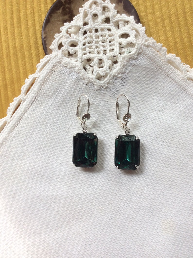 Emerald Rhinestone Earrings, Czech, Stainless Steel Wires with Clear Rhinestones, Cocktail image 5