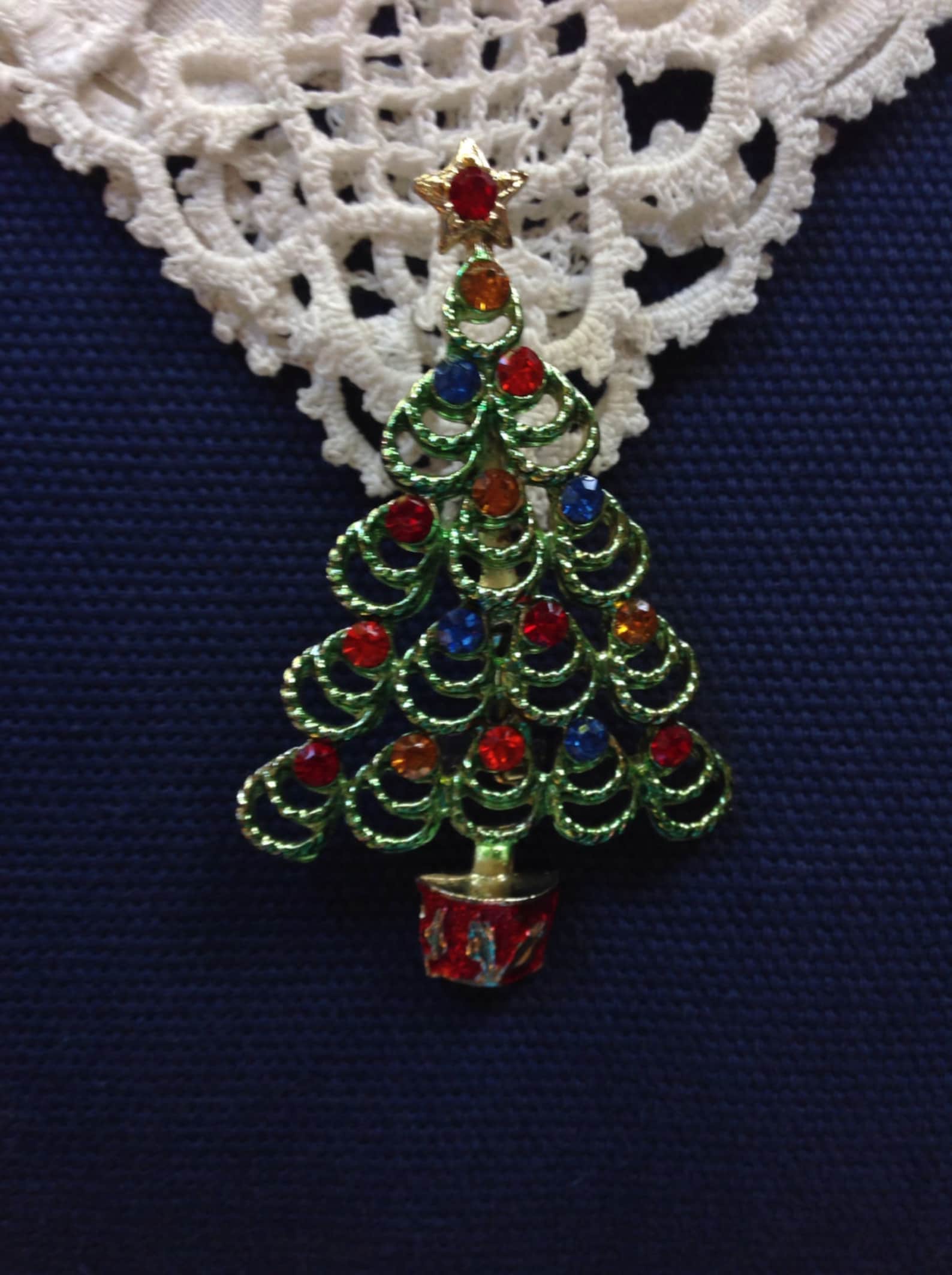 Book Piece BJ Christmas Tree Pin Brooch Green Washed Enamel Etsy