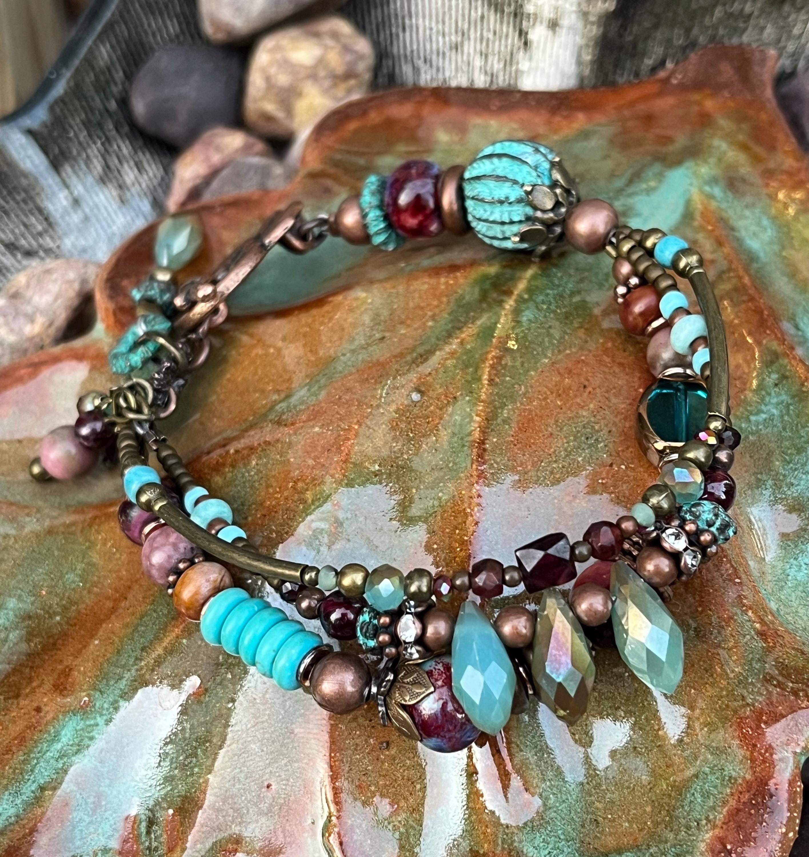 Turquoise Eclectic Bracelet Stack - DharmaShop Turquoise multi colored bohemian handmade eclectic bracelet display picture 1