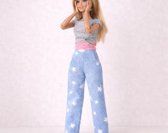 1:6 Scale Doll Jeans, High Waist Straight Leg Pants, Star Print Minimalist Outfit