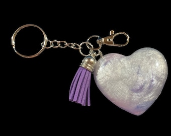 Heart keychain/purse charm purple tassel and white Pearl and Purple Heart resin
