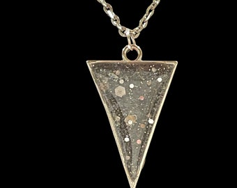 Clear Resin triangle pendant with silver glitter,  silver tone 20” chain