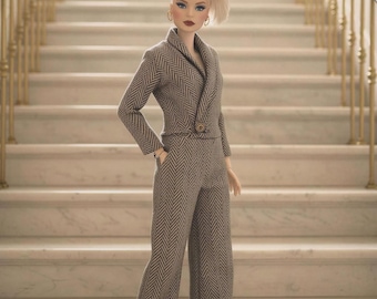 Tailored Wool Herringbone Doll Suit, Jacket and Wide Leg Pants, 1/6 Scale Outfit - wool