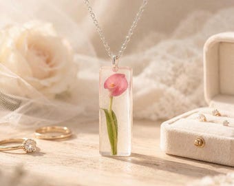 Preserved Flower Necklace, Calla Lily or Forget Me Not, Sterling Silver, Bridal Keepsake Gift