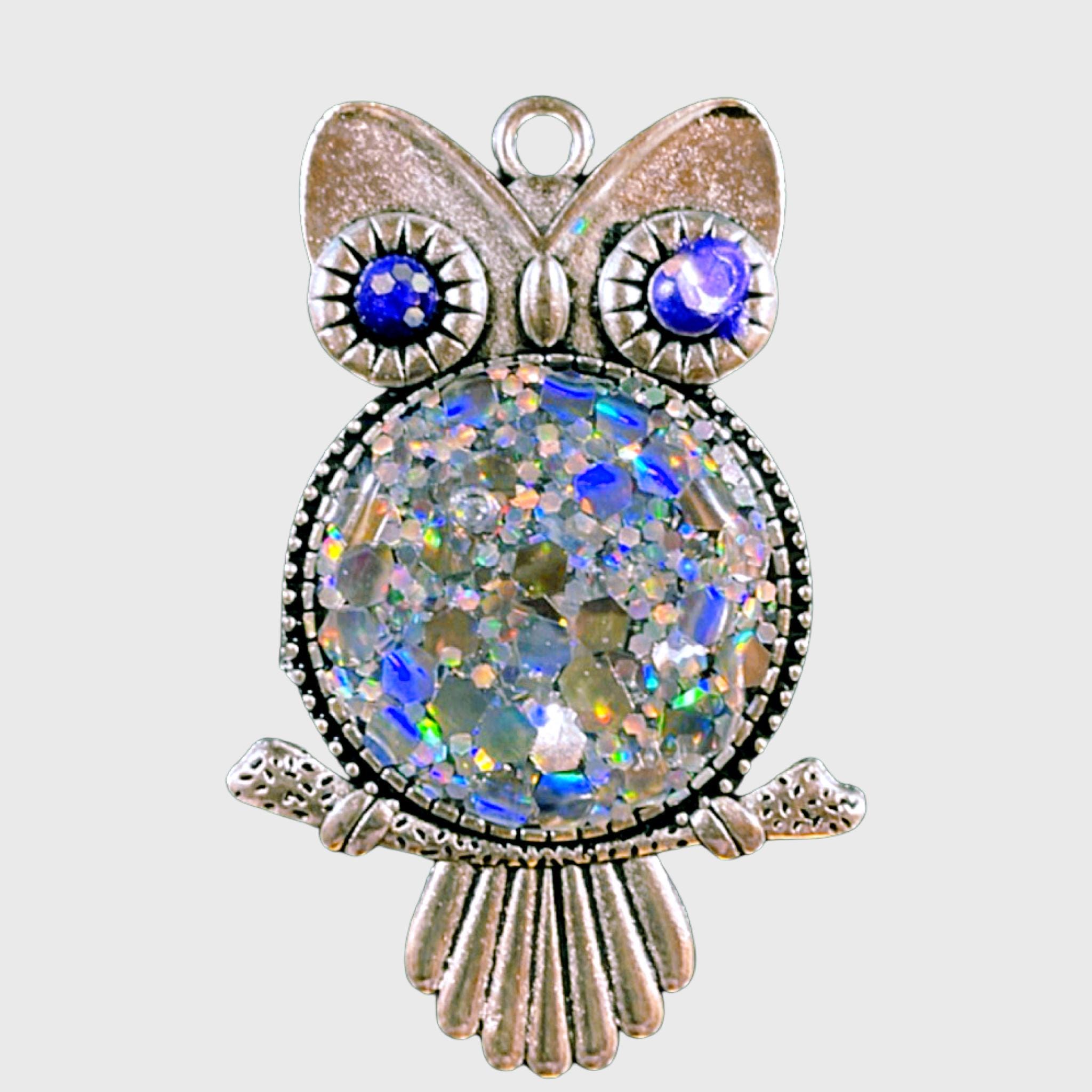 Resin necklace Owl pendant with silver glitter,  silver tone 20” chain