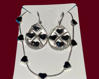 Resin tear-drop earrings with silver colored hearts with 16”-18” matching necklace