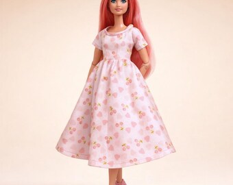 Pink Heart Print Midi Dress for 1/6 Dolls, Handmade summer dress, Soft Feminine Style