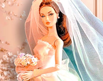 1:6 Scale Midi Wedding Dress, Morning Light Bridal Gown Veil, Ready Made Doll Clothes