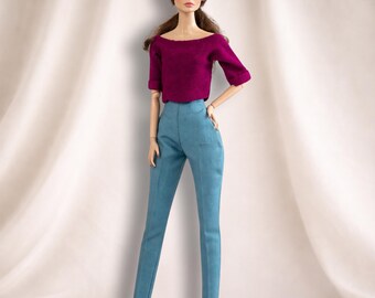 1/6 Scale Doll clothing, Berry Top, Teal High Waist Pants, Minimalist Handmade Clothes
